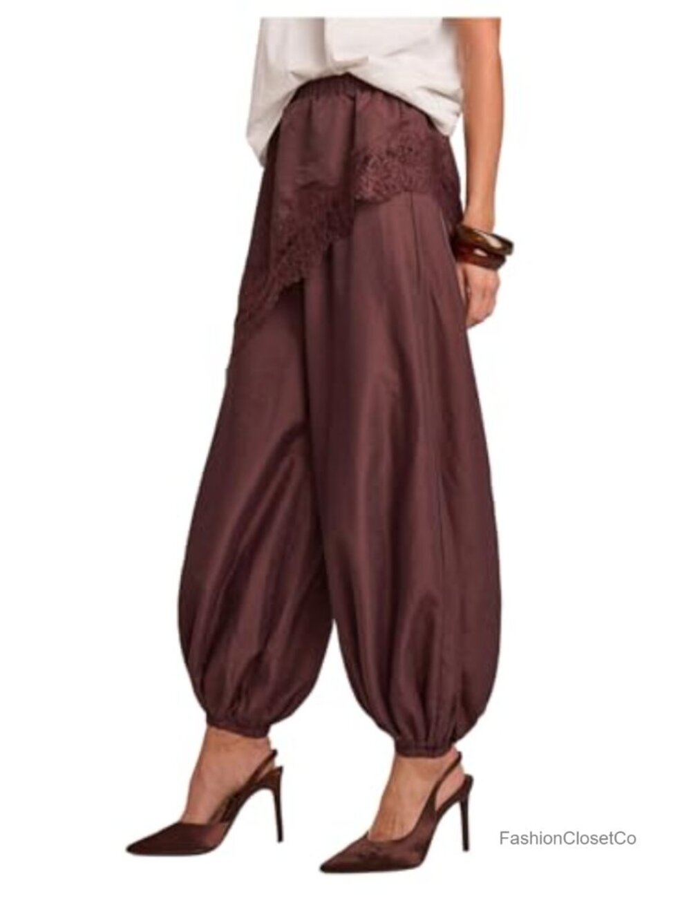 Women's Lace Balloon Casual Baggy Harem Pants High Waist Elastic Lantern Pants